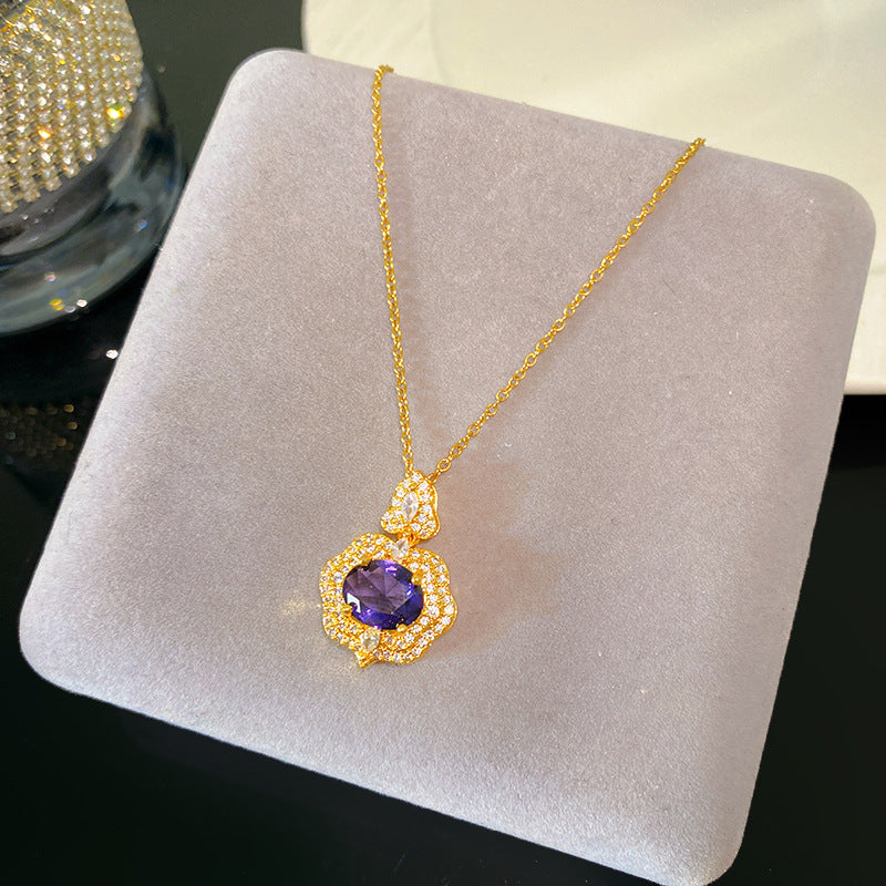 Sweet Sporty Purple Cubic Zirconia Heart Fruit Pendant Titanium Steel Necklace Cable Chain