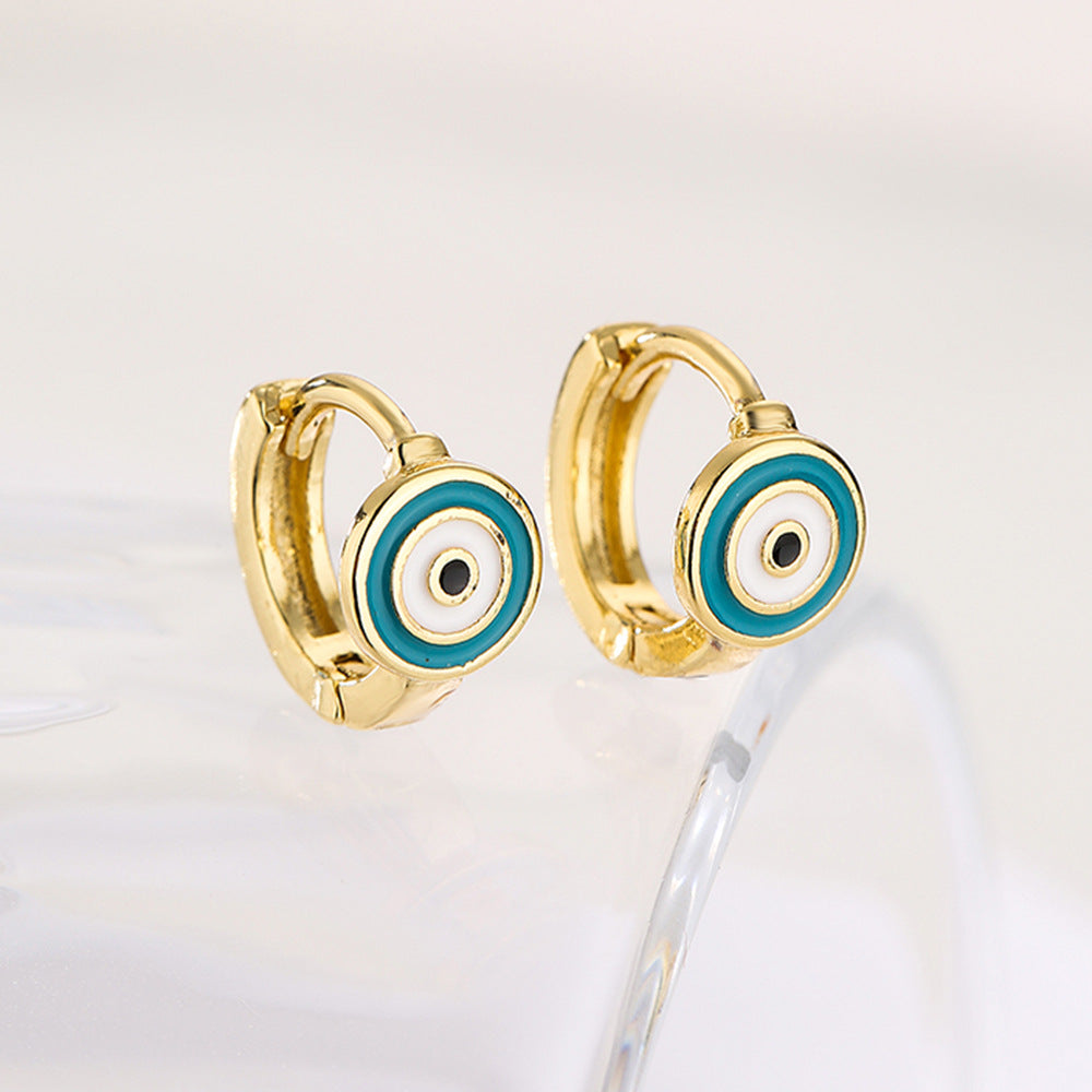 Orecchini a Cerchio Minimalisti Geometrici in Rame con Placcatura in Oro 18K e Dettaglio Occhio Smaltato da Donna
