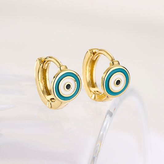 Orecchini a Cerchio Minimalisti Geometrici in Rame con Placcatura in Oro 18K e Dettaglio Occhio Smaltato da Donna