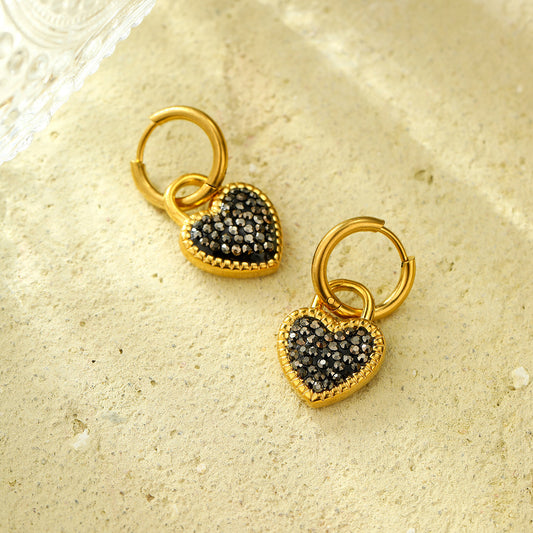 Fashionable Heart-Shaped Titanium Steel Earrings with Rhinestone Inlay, Electroplated for Fade-Resistant Minimalist and Office-Ready Style