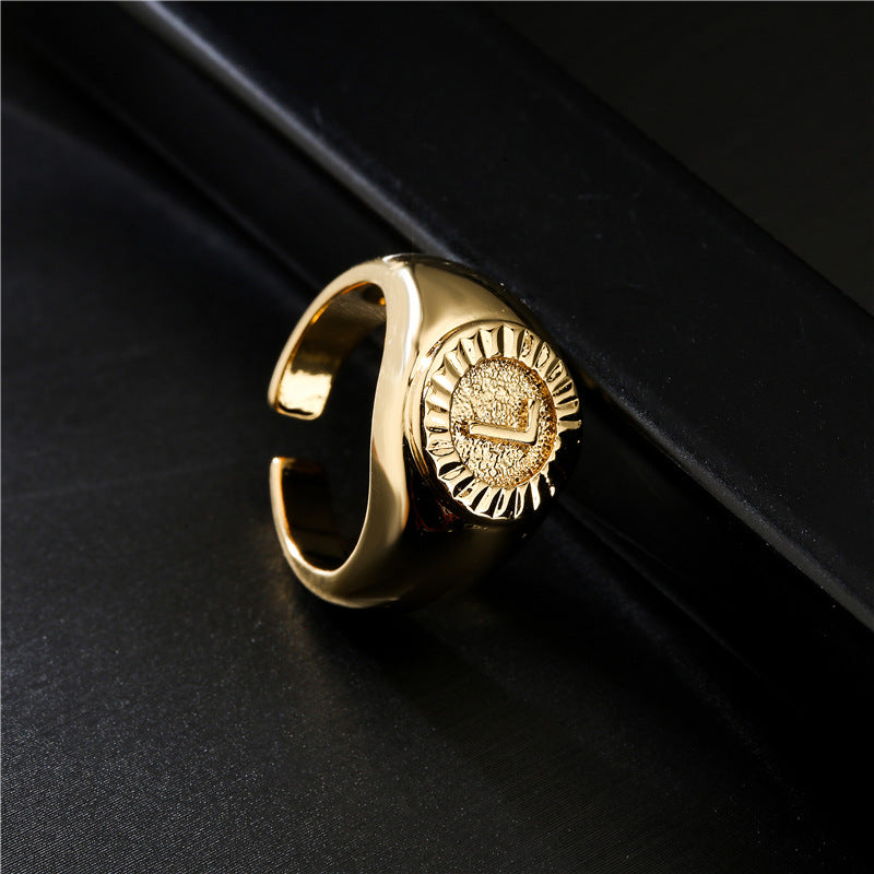 Minimalist Letter Ring in Copper with 18K Gold Plating Adjustable Open Band for Women