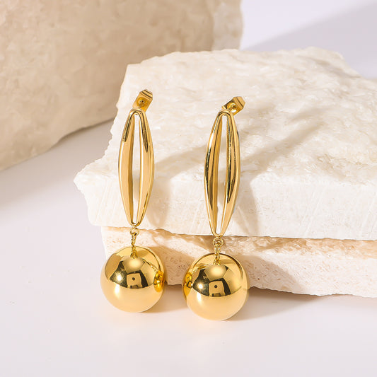 Pendientes Colgantes Geométricos Minimalistas de Doble Capa con Óvalo Hueco y Bolas Redondas de Acero Inoxidable, Acabado en Oro de 18K Bañado al Vacío