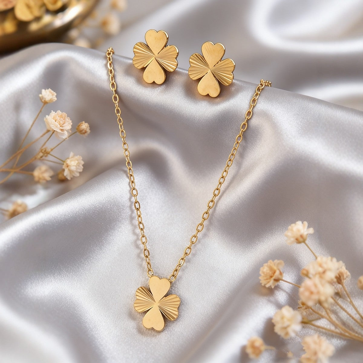 Vintage Plated Stainless Steel Plant Shape Floral Necklace and Earring Set with Cable Chain for Women