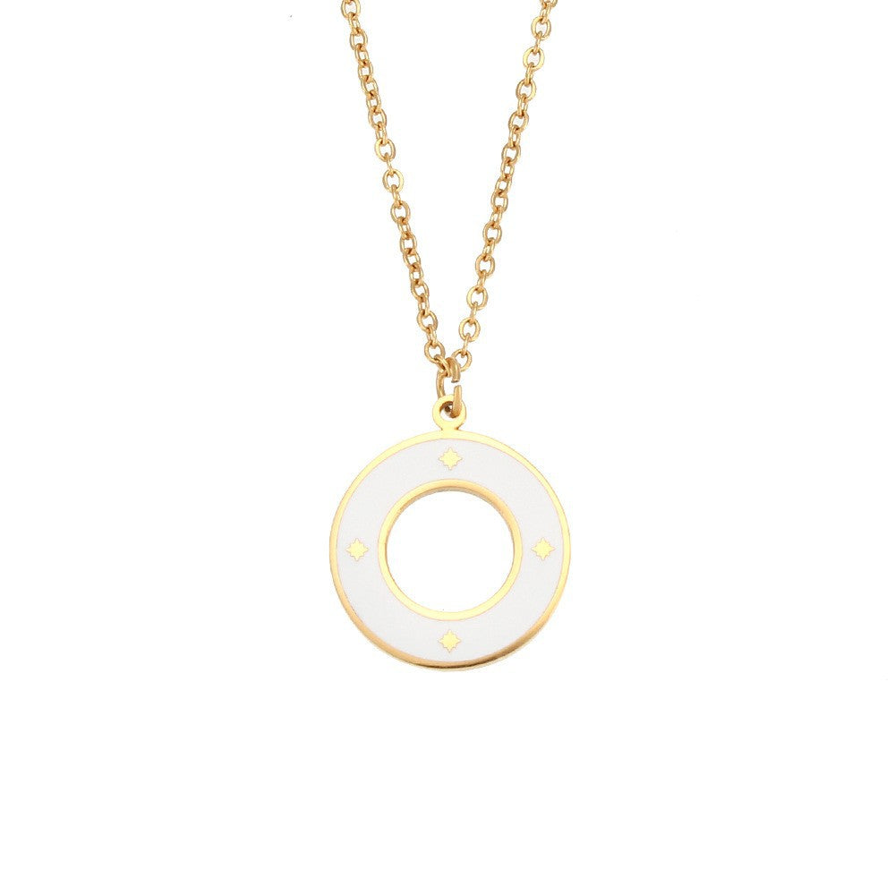 Vintage Style Geometric Round Enamel Pendant Necklace in Titanium Steel with 18K Gold Plating for Women