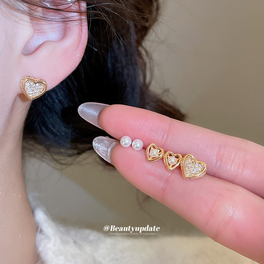 Aretes de Cobre con Baño de Oro en Forma de Corazón con Circonita y Postes de Acero Inoxidable, de Lujo, para Mujer
