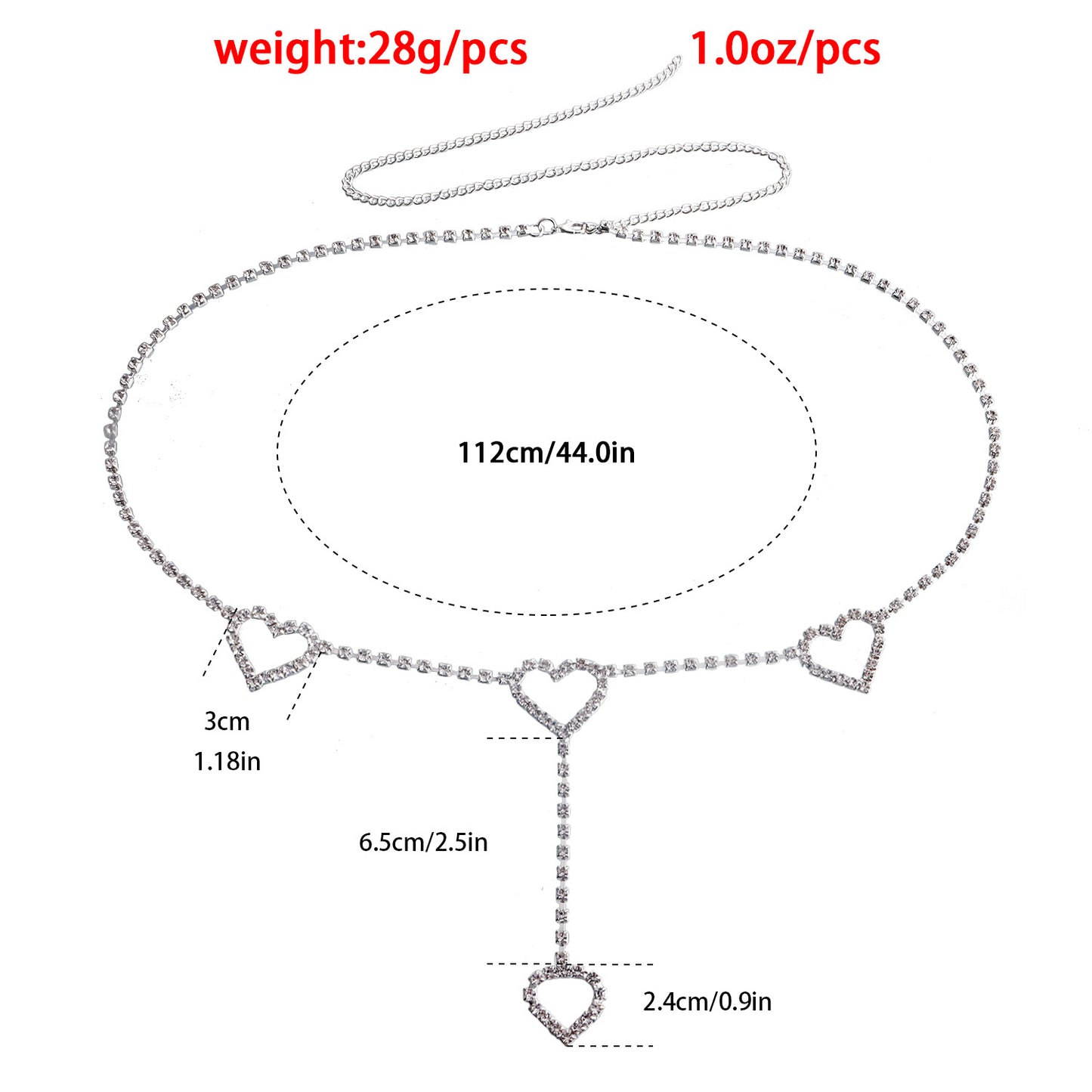 Punk-Style Heart-Shaped Rhinestone Fringe Waist Chain for Women in Metal with Adjustable Length