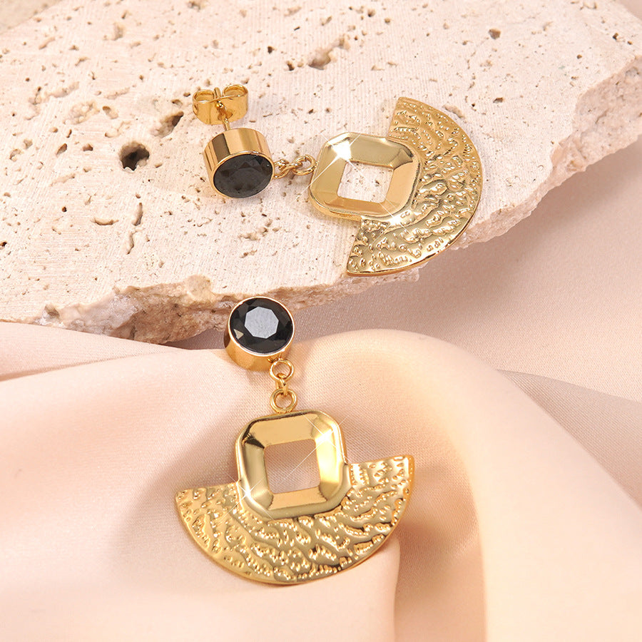 Vintage Geometric Fan-Shaped Textured Plated Stainless Steel Earrings for Women