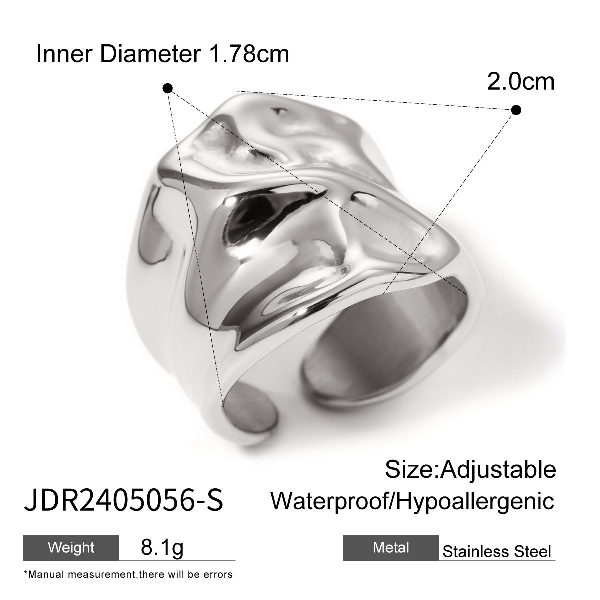Anello Aperto Martellato Unisex in Acciaio Inox Placcato Oro 18K Design Unico Minimalista
