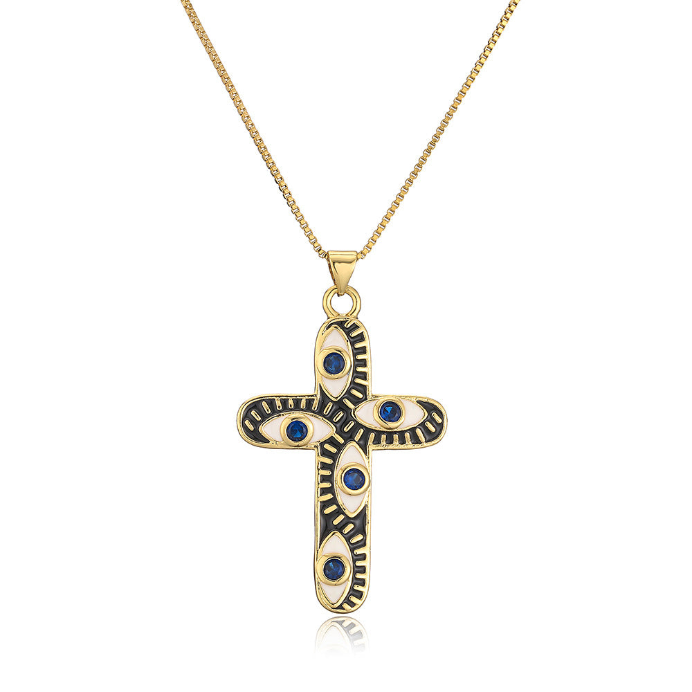 Geometric Pendant Necklace for Women with Copper Base Plated in 18K Gold and Enamel-Finished Zirconia Eye Detail