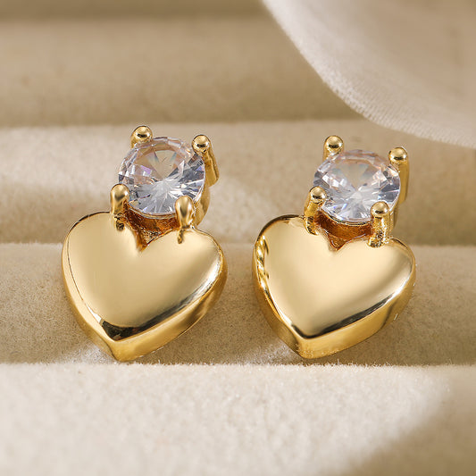Minimalist 18K Gold Plated Brass Heart Stud Earrings with Cubic Zirconia for Women