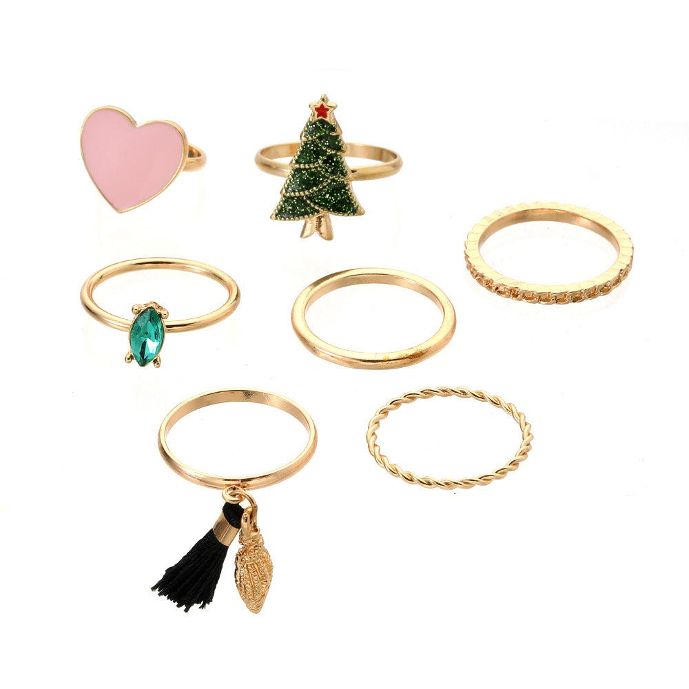 Casual Geometric Heart Teardrop Rhinestone Drip Oil Plated Alloy Ring with Christmas Tree Element