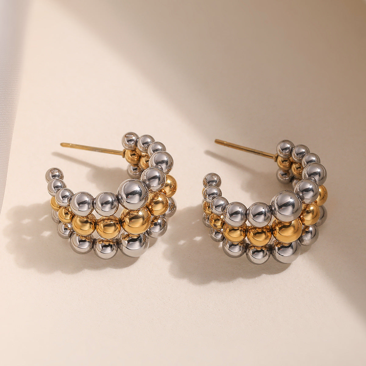 Minimalist Luxe Two-Tone Stainless Steel Beaded Earrings for Women Geometric Irregular Design Electroplated Fashion Everyday Jewelry