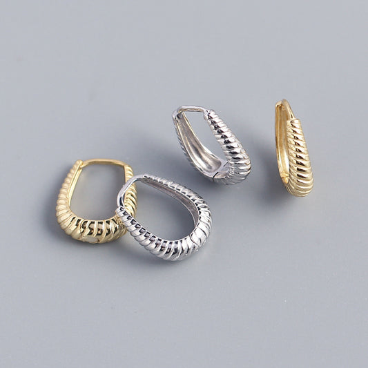 Minimalist Metal-Textured S925 Sterling Silver Hoop Earrings with Braided Pattern