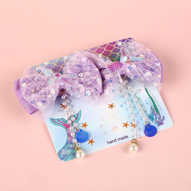 Fermaglio per Capelli a Fiocco Dolce per Bambini con Dettagli in Perle e Nappine in Tessuto, Stile Principessa Sirena