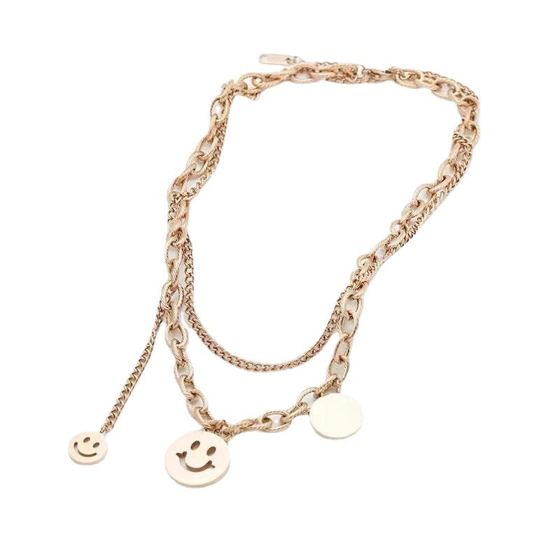 Cute Geometric Smiley Face Double-Layer Titanium Steel Necklace for Women with Plated Finish and Cross Chain Style