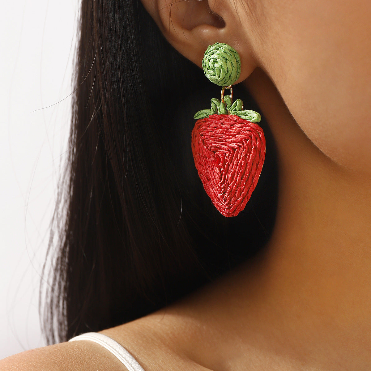 Pendientes de Aleación con Forma de Cereza y Fresa con Tejido de Rafia para Mujer, Pendientes de Fruta de Estilo Fresco y Dulce
