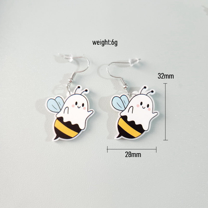 Lindos Pendientes Acrílicos de Halloween con Motivos de Fantasma, Calabaza, Abeja y Flores en Forma de Corazón para Mujer