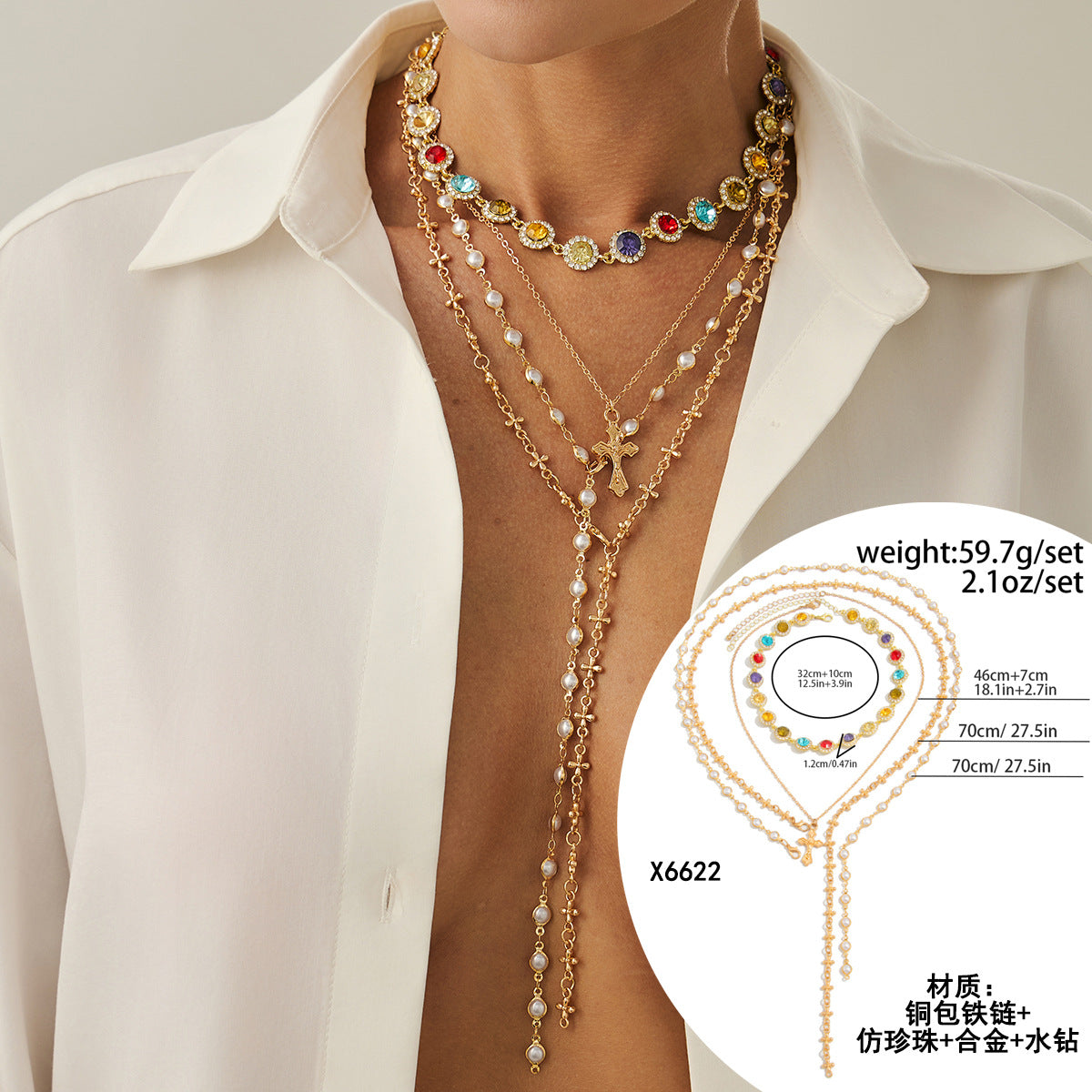 Ins Style Cross Pendant Necklace with Rhinestone Inlay in Zinc Alloy on Plastic Resin Chain for Women