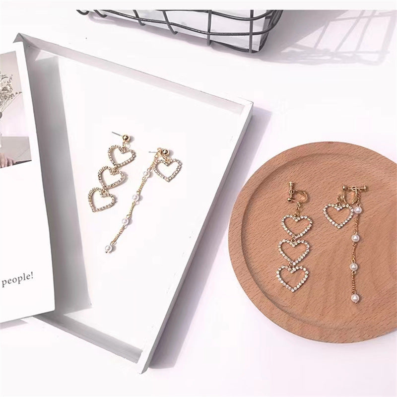 Minimalist Heart-Shaped Alloy Earrings with Rhinestone Inlay and Pearl Dangle for Women