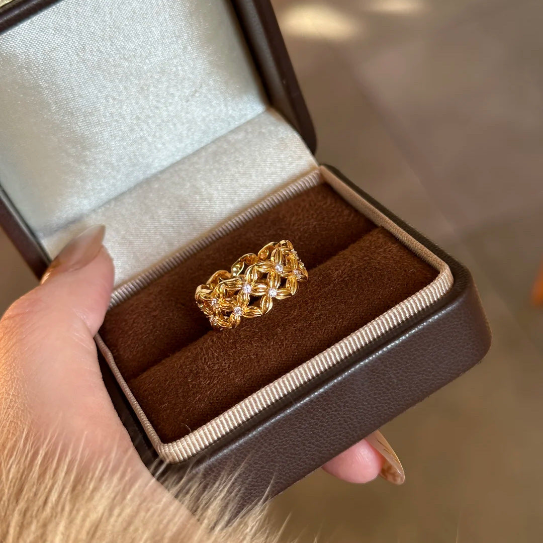 Anello da donna aperto geometrico stile vintage con intarsio di zirconi, fascia in ottone dall'estetica minimalista di lusso