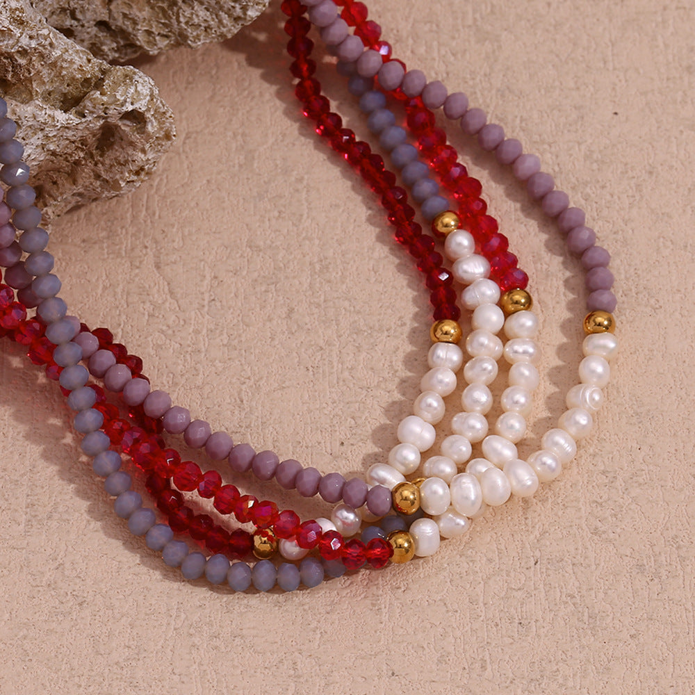 Collar con colgante geométrico de estilo vintage para mujer, cadena de acero inoxidable con diez perlas de agua dulce y cuentas de cristal facetado rojo