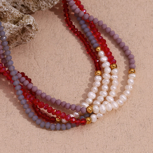 Collana con Pendente Geometrico in Stile Vintage da Donna, Catena in Acciaio Inossidabile con Dieci Perle d'Acqua Dolce e Perline di Cristallo Sfaccettato Rosso