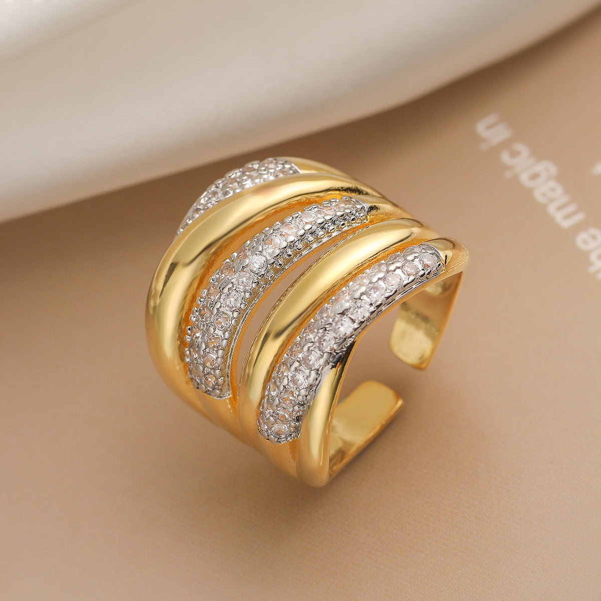 Minimalist Luxury Geometric Gold Plated Brass Ring with Cubic Zirconia for Women