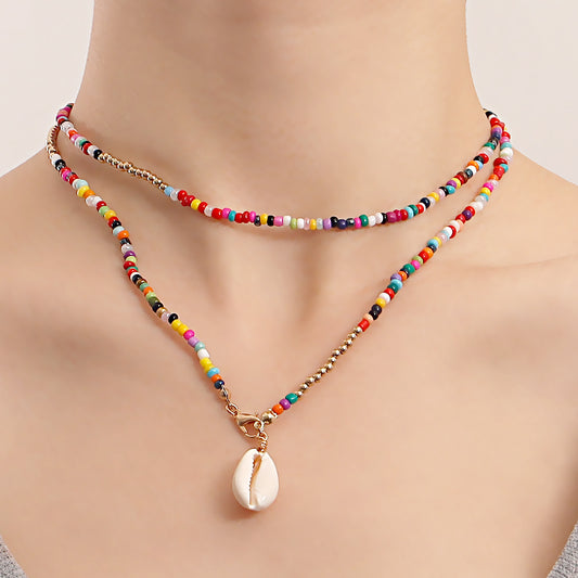 Collana pendente a doppio strato in stile bohémien con conchiglia da donna con design geometrico, catena in lega di ferro, finitura galvanica, lunghezza alla clavicola