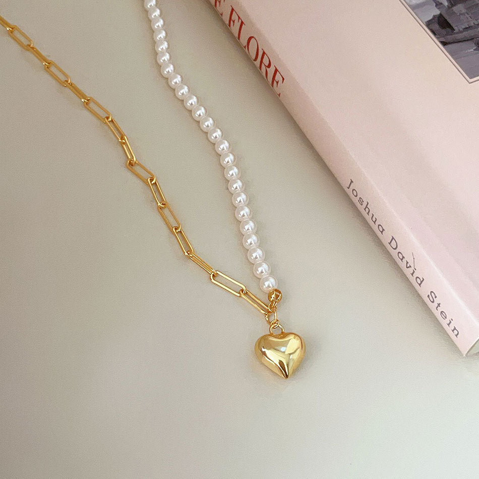 Sweet 925 Sterling Silver Heart Necklace with Crystal and Pearl Inlay for Women
