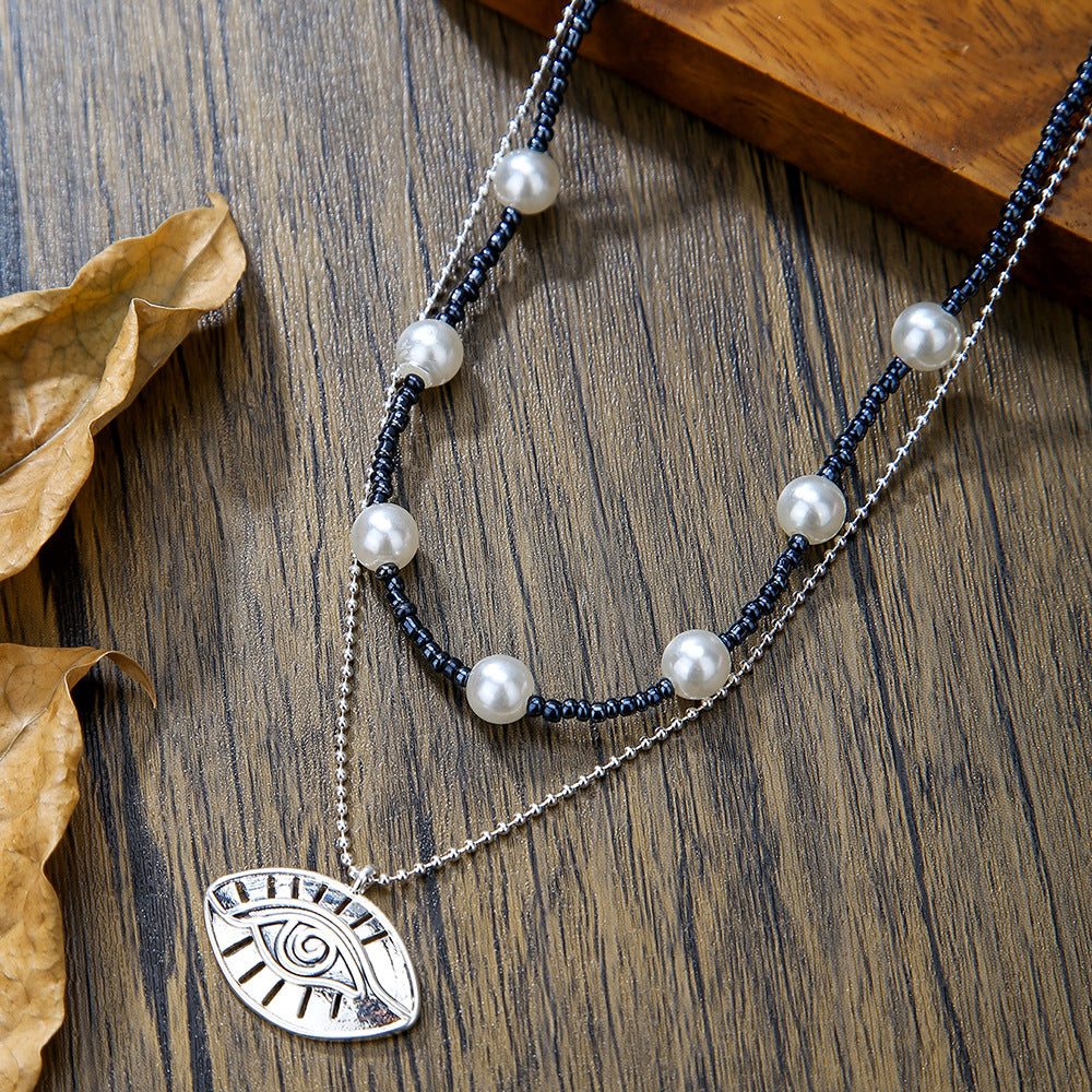 Vintage-Style Evil Eye Pendant Necklace for Men with Imitation Pearl and Copper, Geometric Design, O-Chain, Silver-Plated