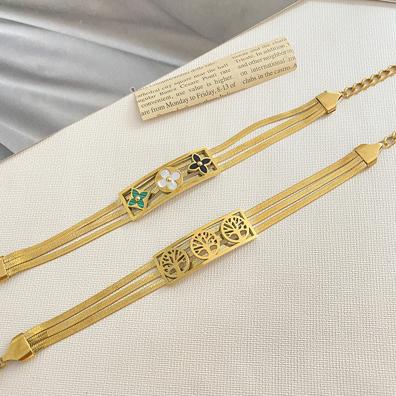 Gold Plated Titanium Steel Four-Leaf Clover Tree of Life Bracelet Floral Design Unisex