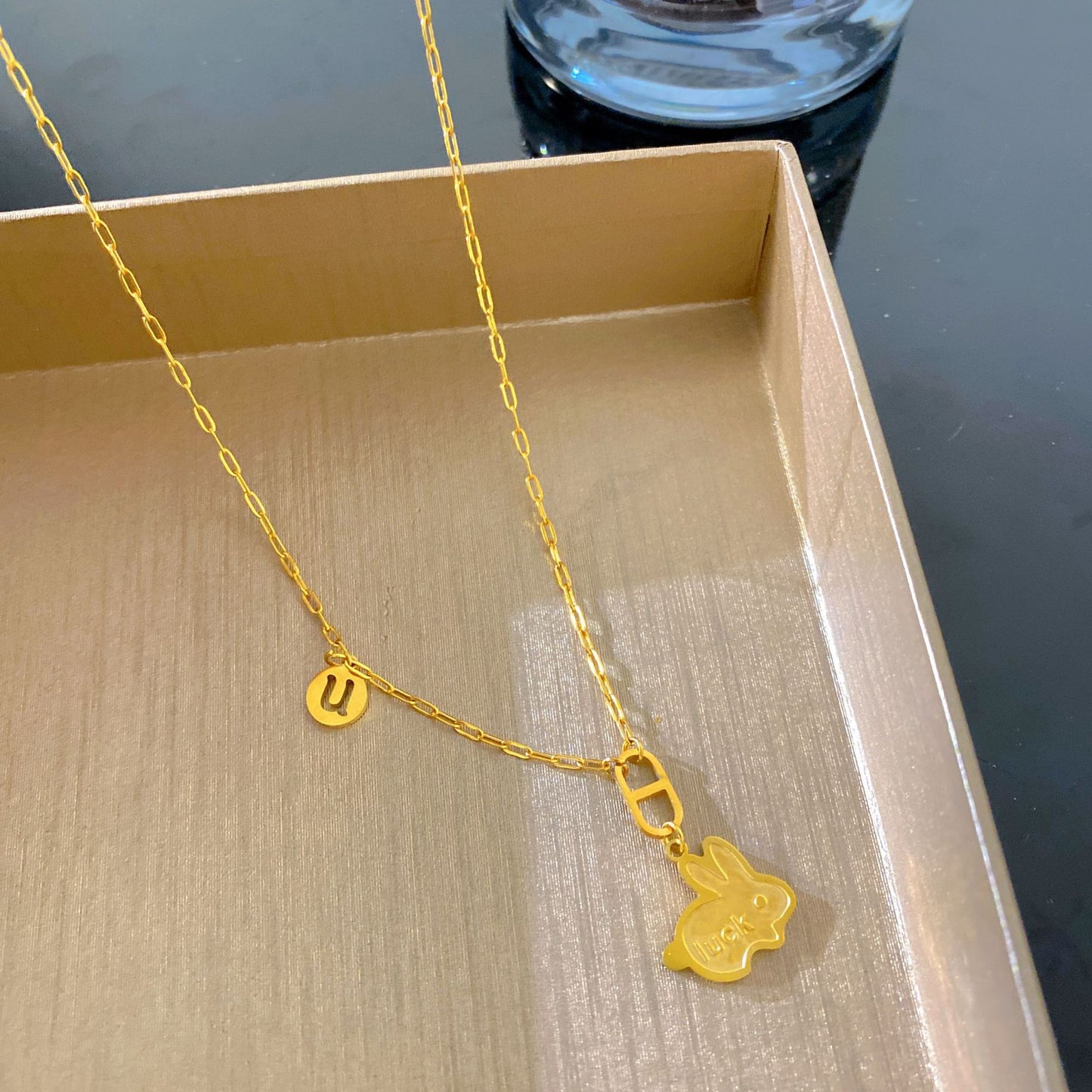 Cute Rabbit Letter Titanium Steel Gold Plated Necklace