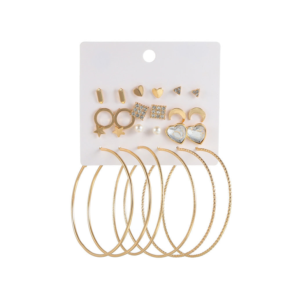 Sweet Geometric Star Moon Heart Triangle Alloy Rhinestone Inlay Earring Set for Women