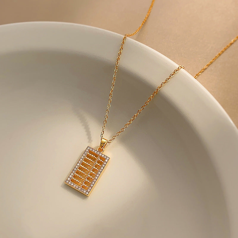 Minimalist Abacus-Shaped Titanium Steel Necklace with Micro-Pave Detailing for Women and Men, Delicate Clavicle Chain with Electroplated Finish
