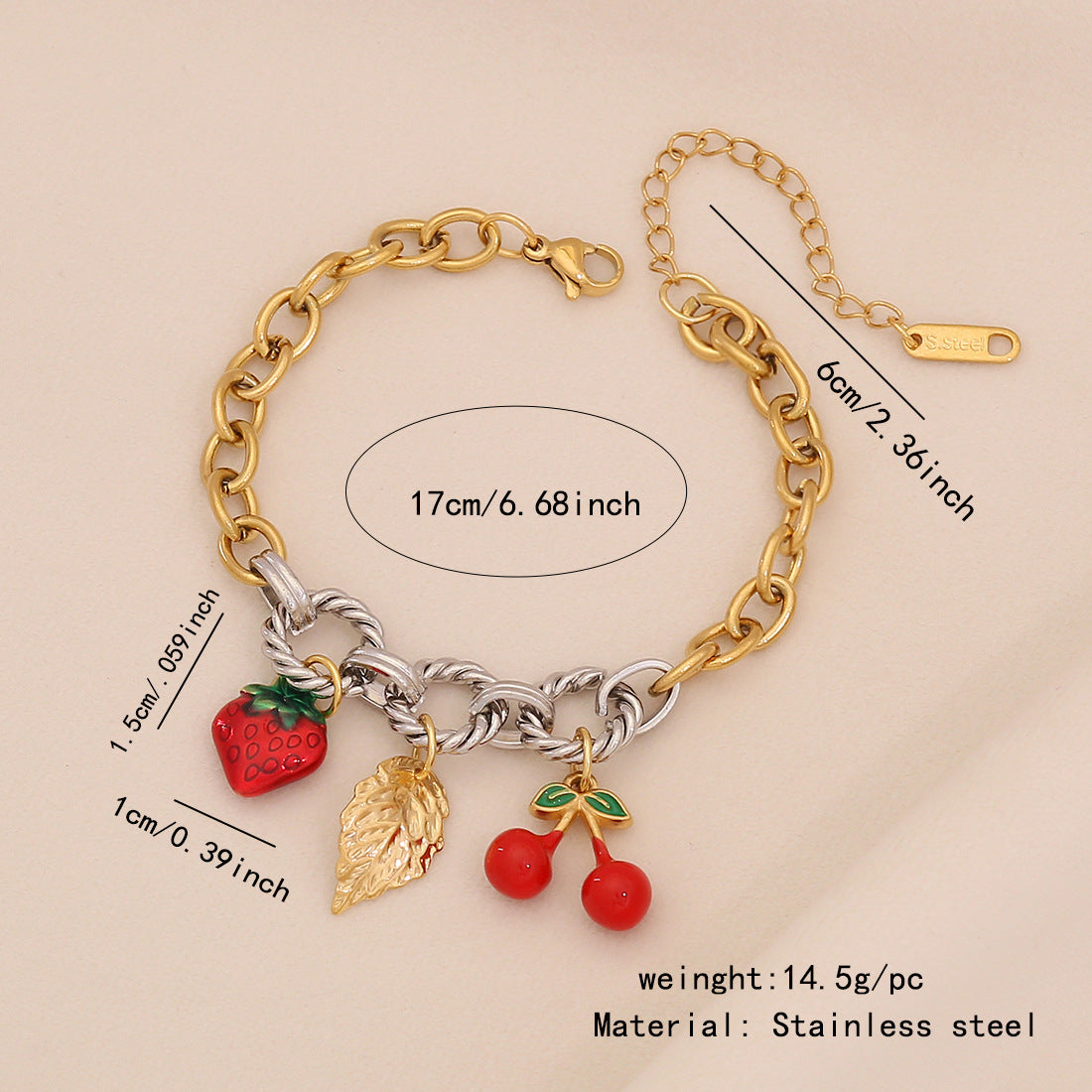Bracciale da donna in acciaio inossidabile con smalto a forma di frutto, fresco e rustico