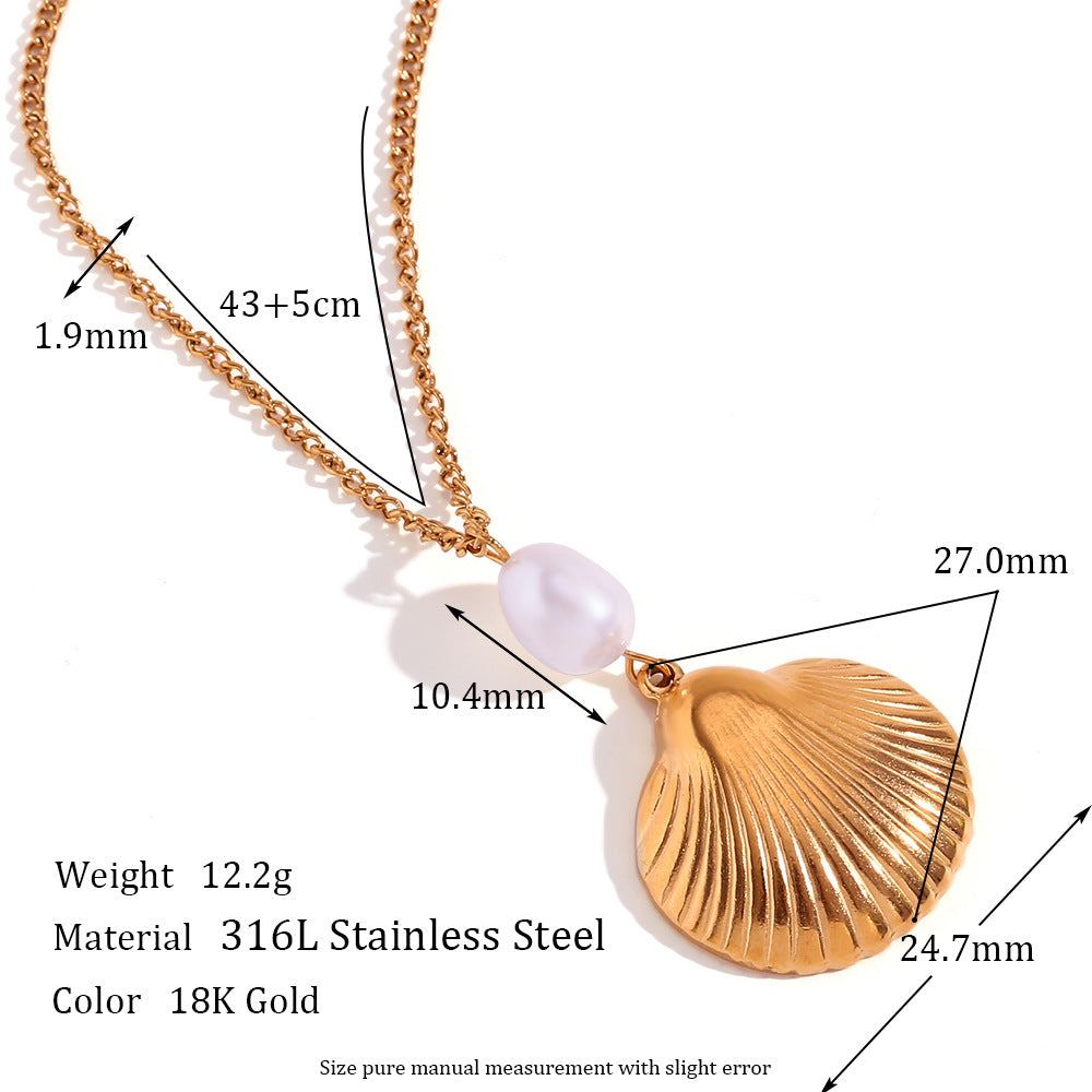 Vintage Fashion Geometric Stainless Steel Plated 18K Gold Freshwater Pearl and Shell Necklace for Women