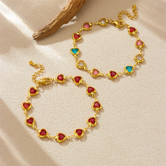 Minimalist Faceted Colorful Glass Rhinestone Heart Charm Stainless Steel Bracelet for Women