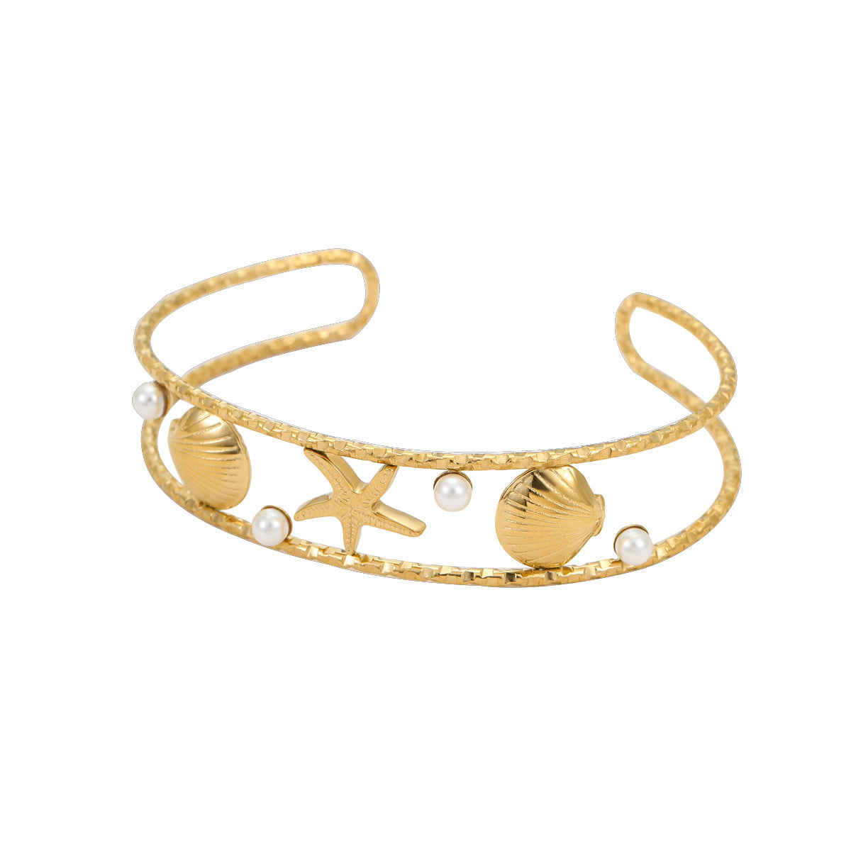 Fashionable Ocean-Themed Summer Bracelet with Starfish and Seashell Motifs Stainless Steel Plated in 18K Gold for Women