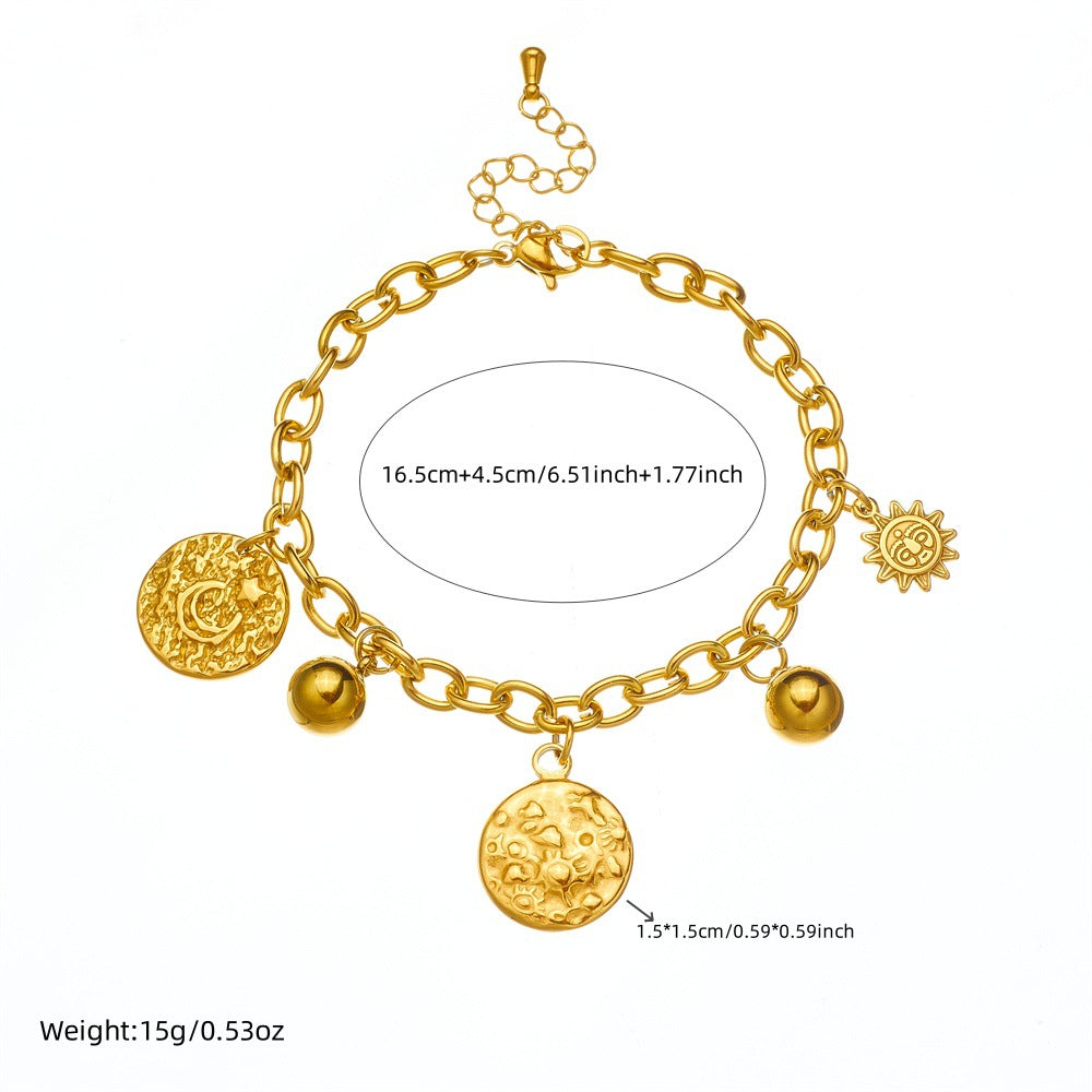 Bracciale Pendente Vintage Sole e Luna Irregolare con Catena in Acciaio Inossidabile e Finitura Placcata