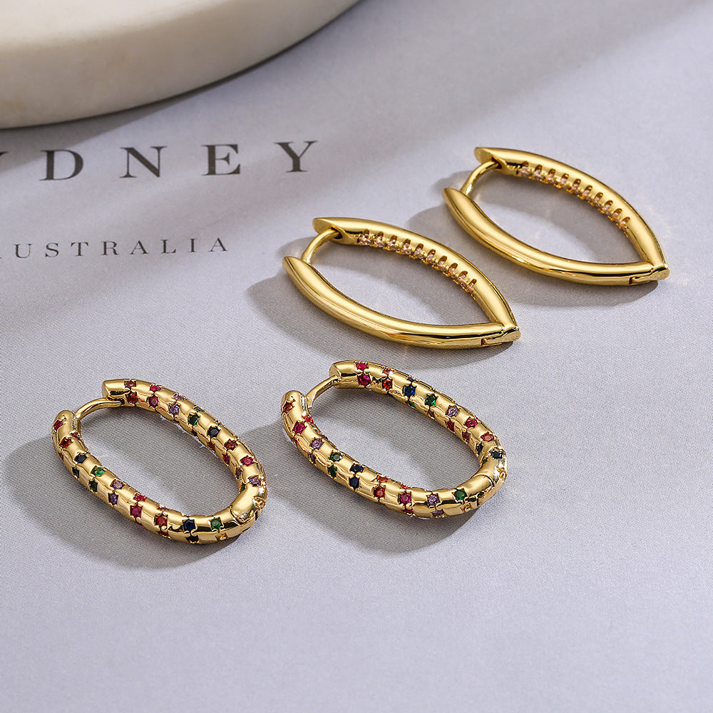 Orecchini vintage geometrici da donna in ottone con placcatura in oro vero e intarsi in zircone