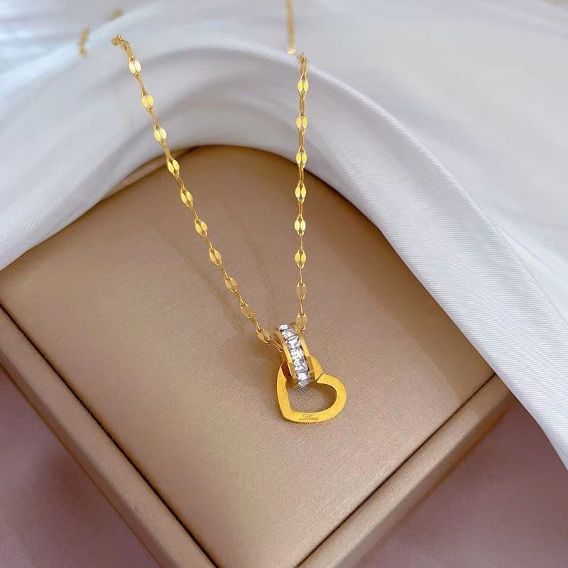 Minimalist Rose Gold Titanium Steel Heart-Shaped Pendant Necklace for Women with Rhinestone Inlay and Plated Finish