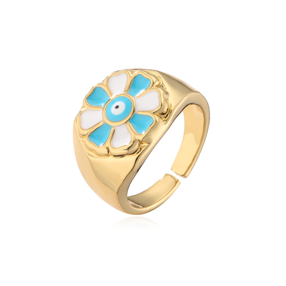 Bohemian Copper Ring with 18K Gold Plating and Enamel Floral Design for Women