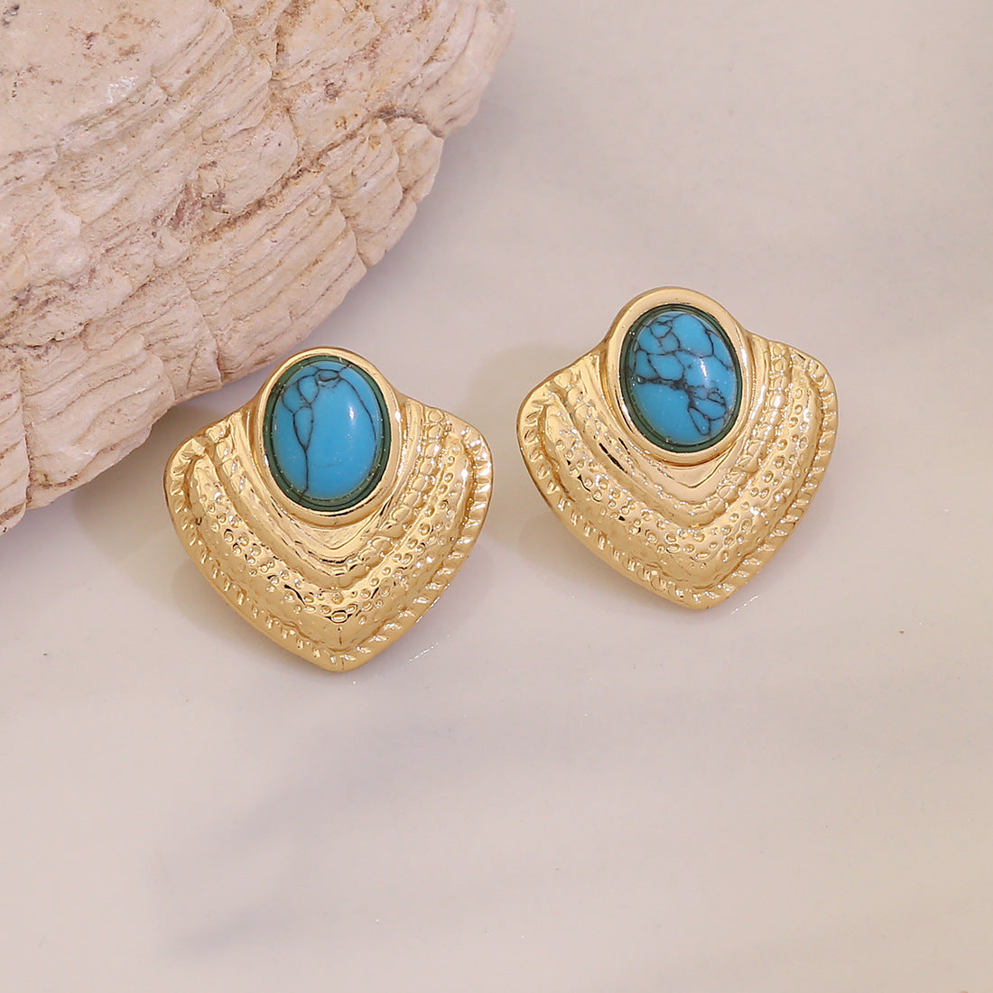 Vintage Geometric Stainless Steel Earrings with 18K Gold Plating and Turquoise Inlay
