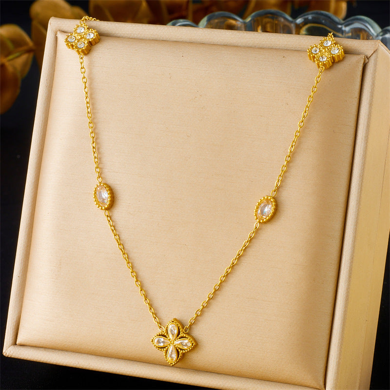 Vintage Elegant Rhinestone Teardrop Floral Geometric Plated Stainless Steel Pendant Necklace for Women