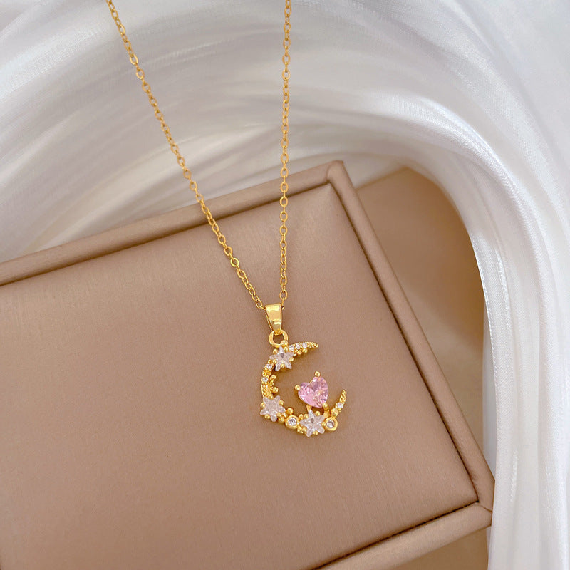 Collar con colgante de lujo de acero de titanio dulce y fresco con forma de corazón, estrella y luna de diamantes de imitación para unisex
