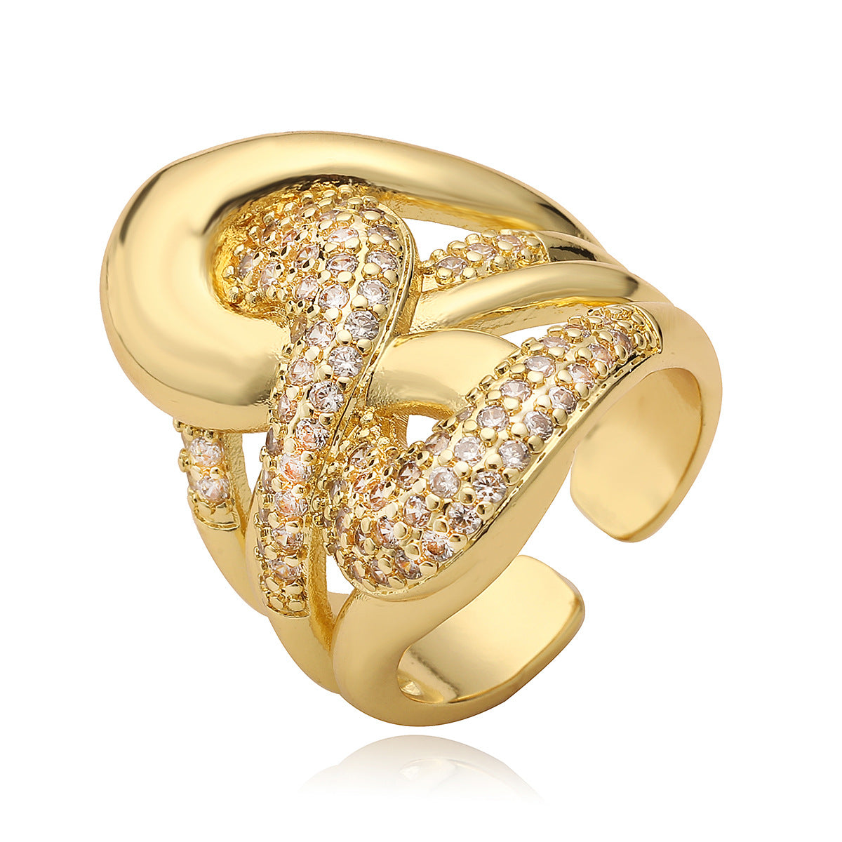 Anello Aperto Geometrico Minimalista da Donna in Ottone con Placcatura in Oro 18K e Intarsio di Zirconi