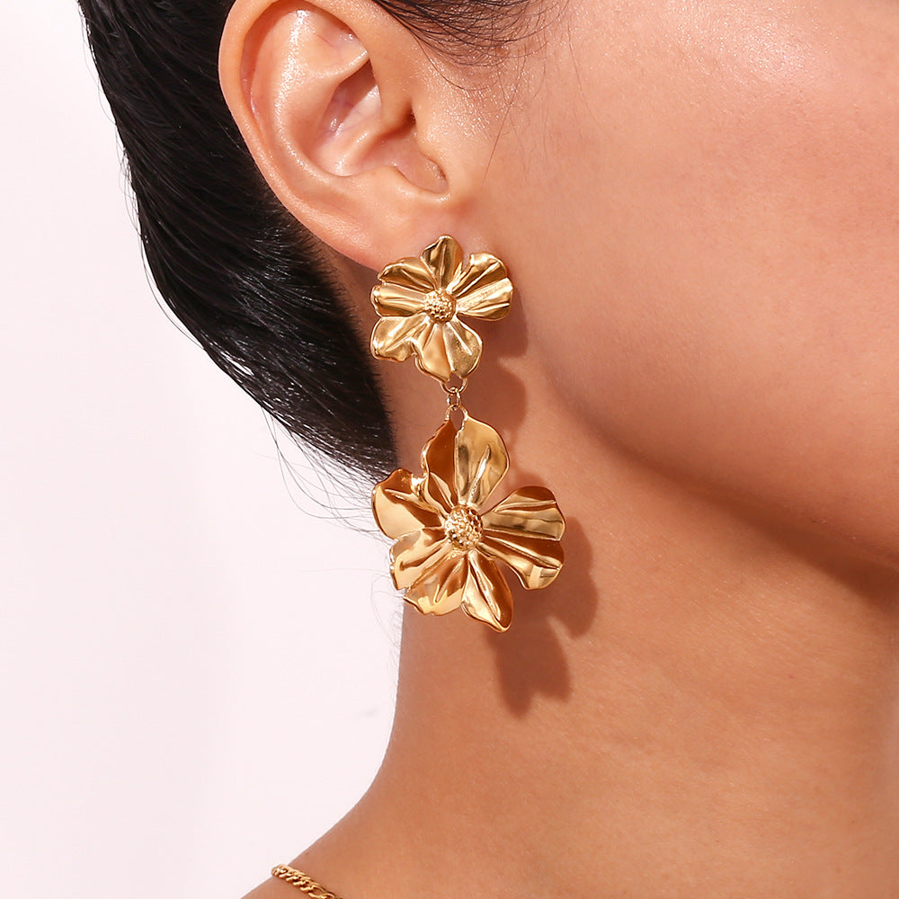 Vintage Fashion Floral Geometric Stainless Steel Earrings with 18K Gold Plating for Women