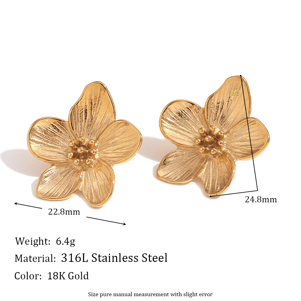 Vintage Floral Stainless Steel Earrings with 18K Gold Plating for Women