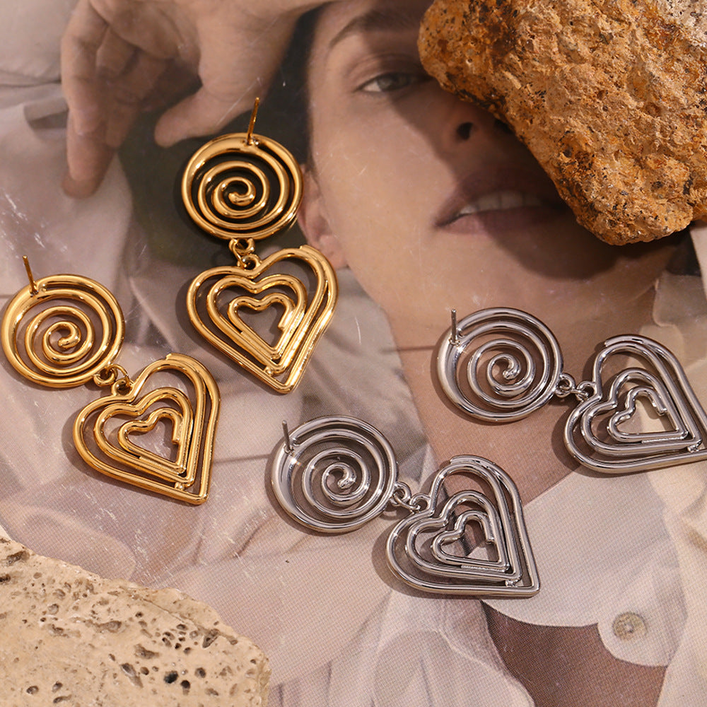 Pendientes Minimalistas Geométricos Huecos en Espiral con Corazón para Mujer de Acero Inoxidable con Chapado en Oro de 18K