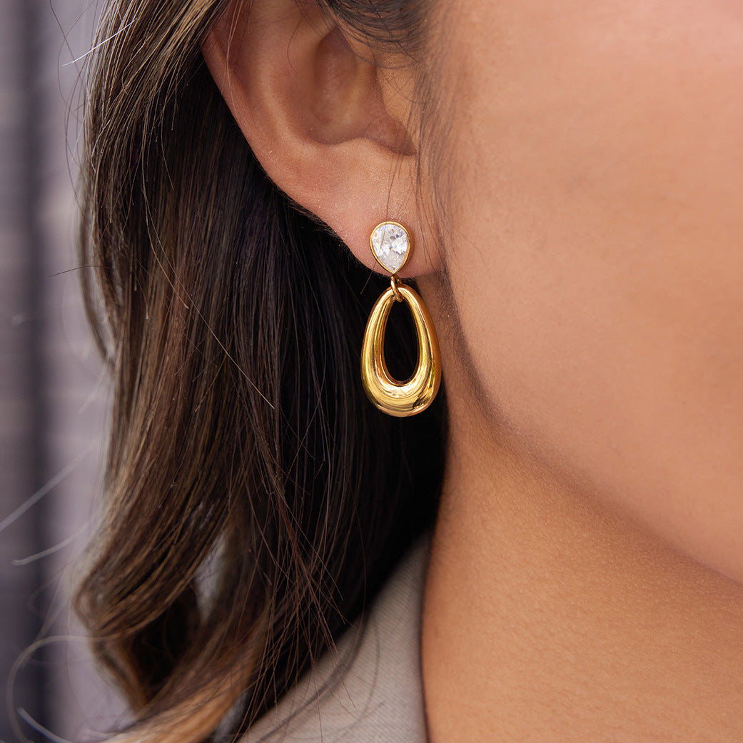 Orecchini a goccia geometrici di lusso, borchie in acciaio inossidabile placcato oro 18 carati con zirconi per donna
